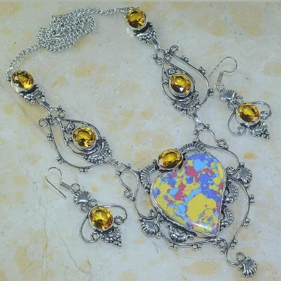 New Mosaic Jasper and Citrine Silver Necklace & Earrings Set. - Picture 3 of 3